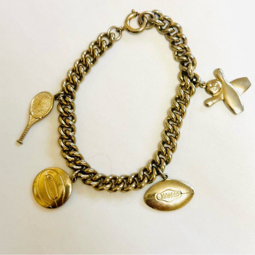 Vintage Gold Charm Bracelet with Sports Pendants